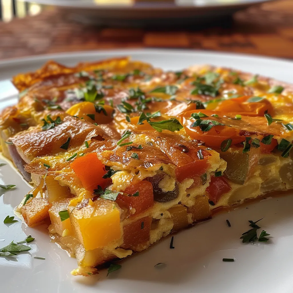 Close-up de uma deliciosa omelete de forno com pedaços de legumes.