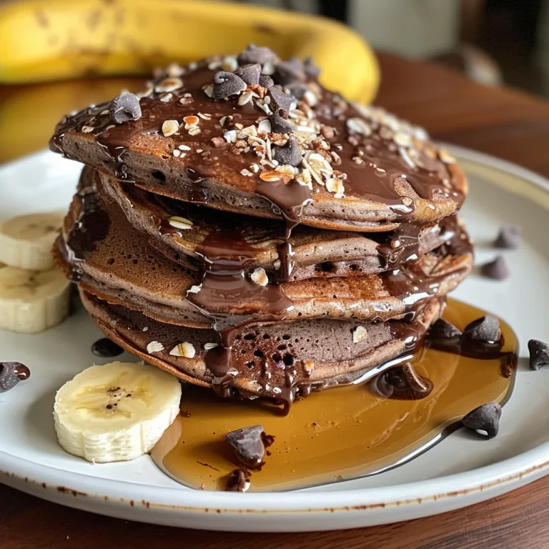 Panquecas de chocolate e banana com uma camada de fatias de banana e nibs de cacau.