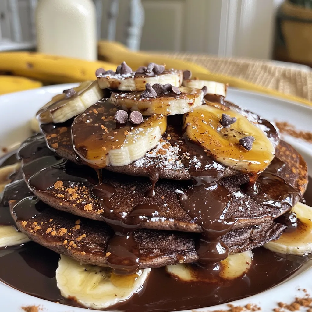 Close-up de panquecas de chocolate e banana, decoradas com goldenberries e calda de maple.
