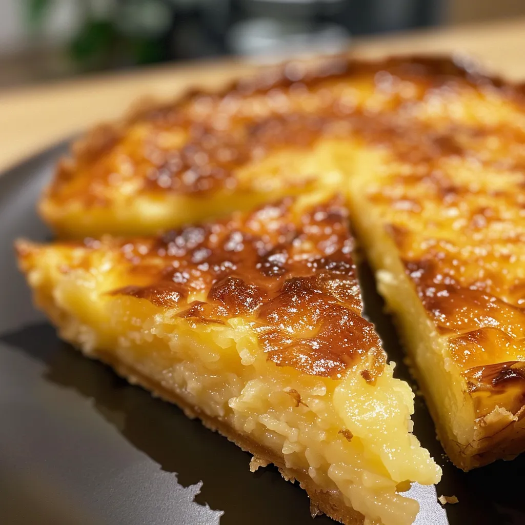 Side view of a delicious pastel de forno fácil, revealing a crispy texture and savory chicken filling.