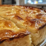 Close-up of a golden-brown Pastel de Forno, showcasing its flaky crust and juicy filling.