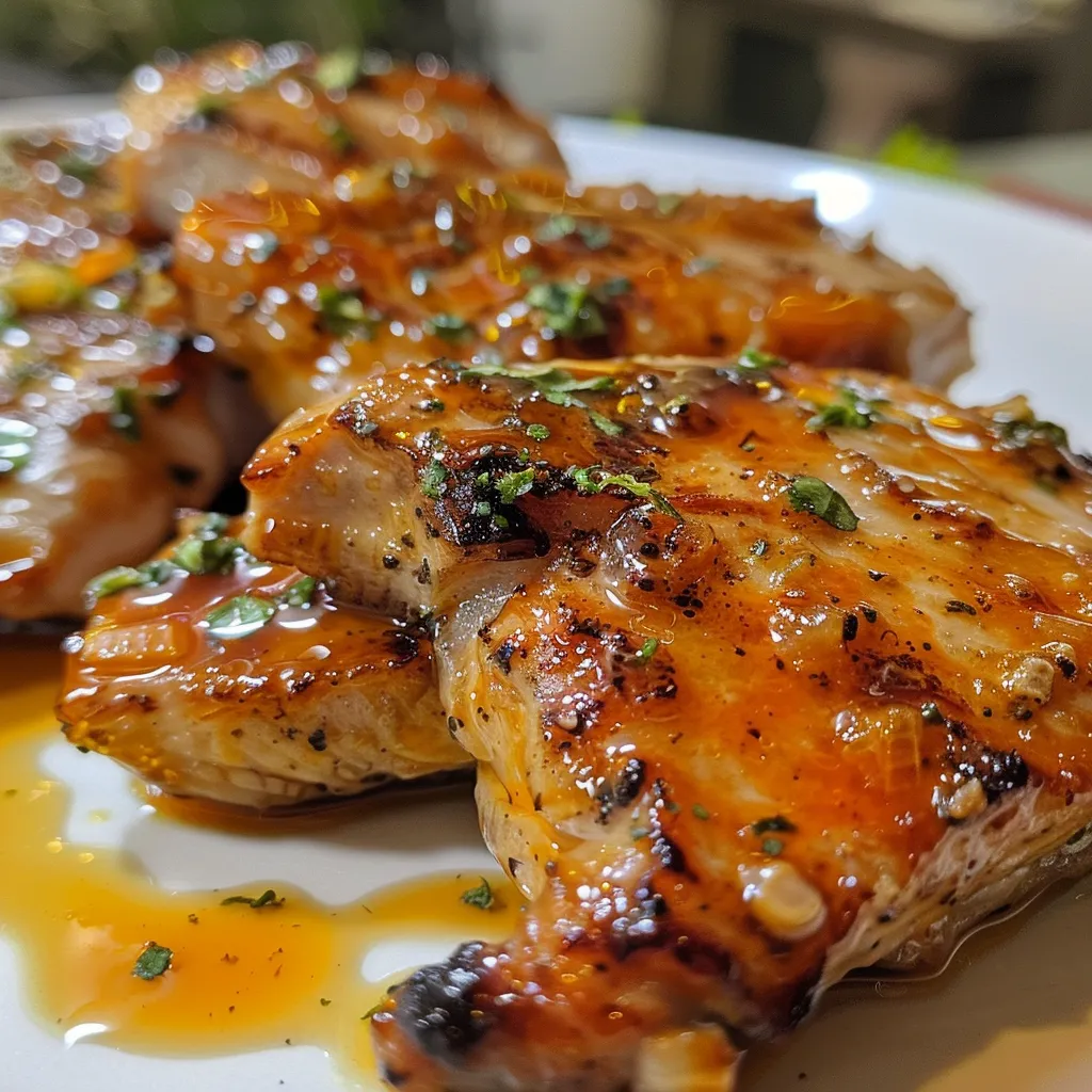Side view of cooked chicken fillets drizzled with a golden mustard and honey glaze.