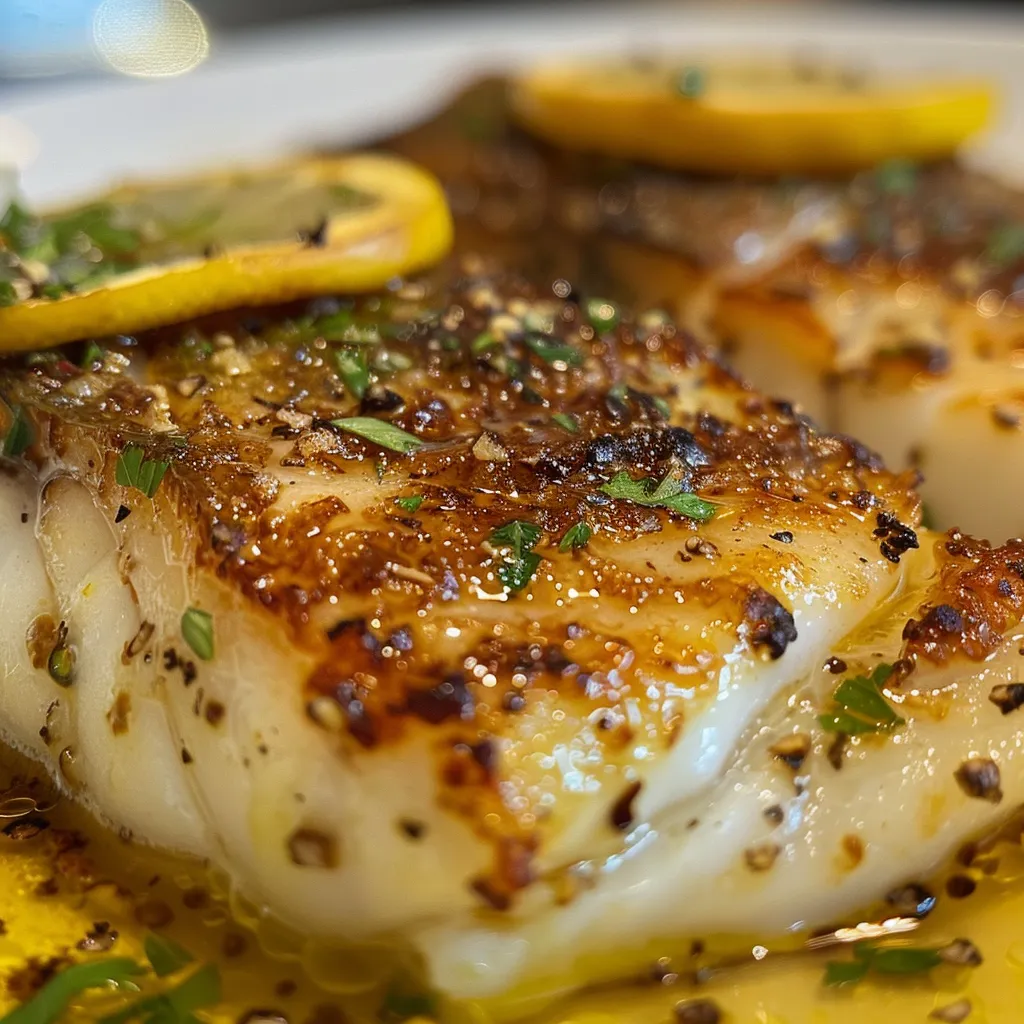 Side view of Peixe ao Molho de Limão Siciliano garnished with lemon zest and herbs.
