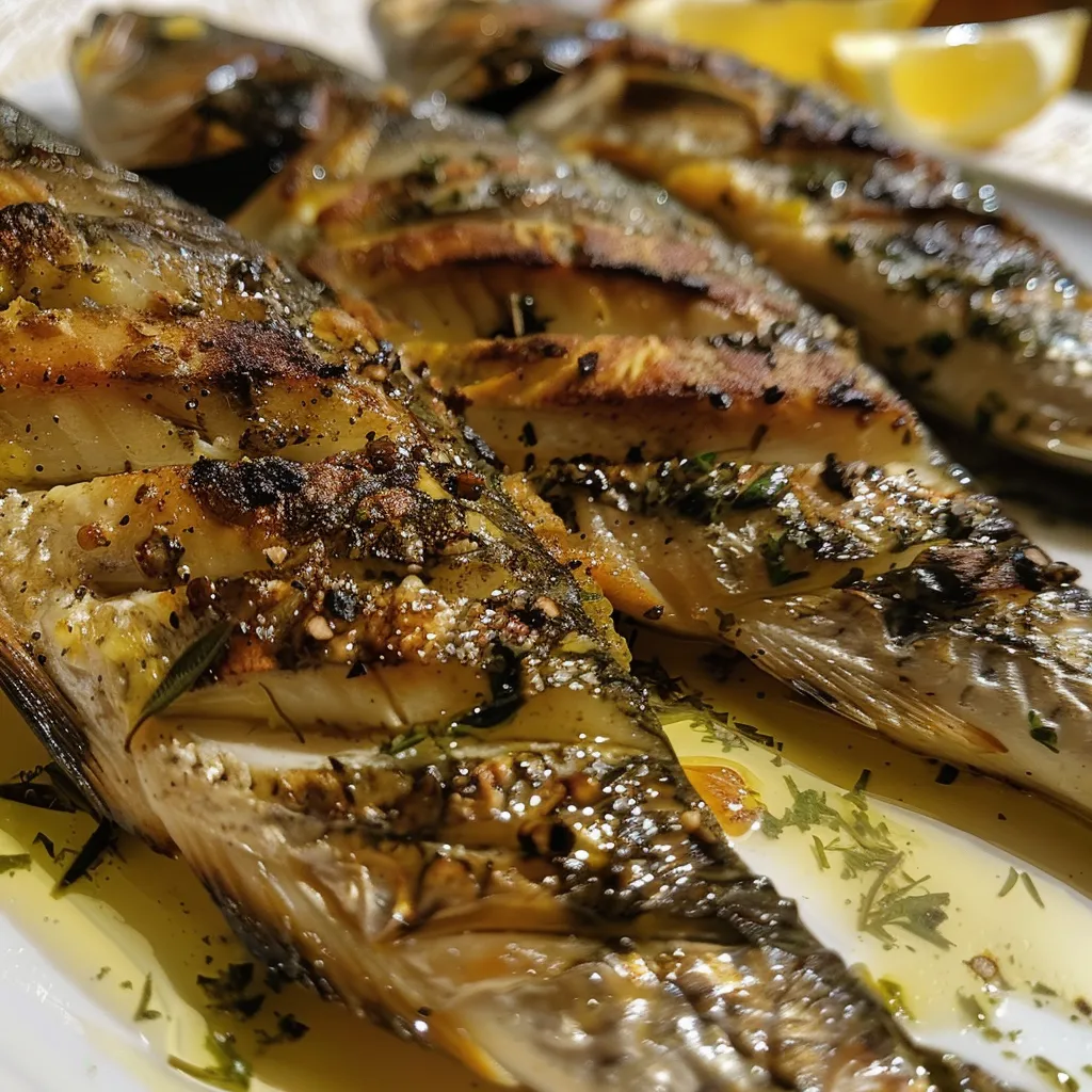 Side view of a succulent baked fish with a crunchy almond crust, on a white plate.