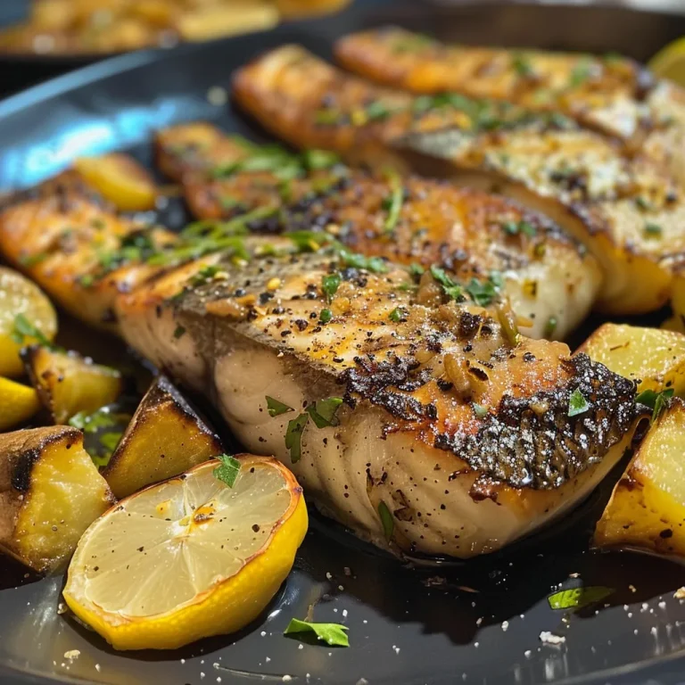 Close-up of assado peixe with batatas, garnished with herbs and lemon.