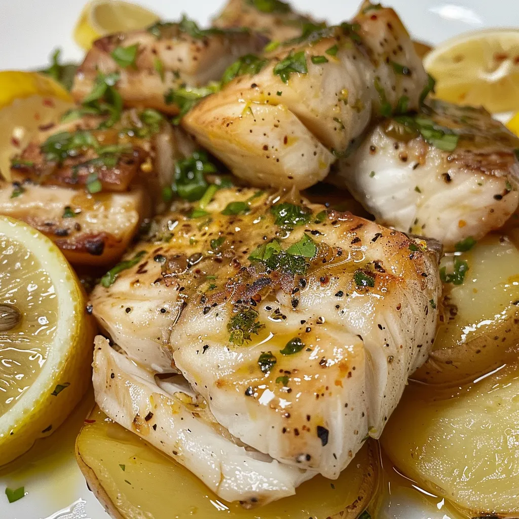 Delicious baked fish with sliced potatoes and lemon slices on a plate.