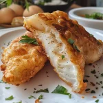 Close-up of crispy fried fish fillet on a plate.