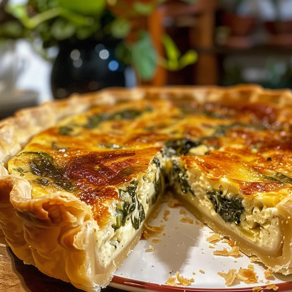 Close-up de quiche de espinafre, com recheio cremoso visível.