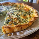 Close-up of a slice of Quiche de espinafre e ricota with a golden crust.