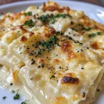 Um close-up de ravióli ao molho de 4 queijos, com queijo derretido e ervas frescas.