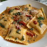 Close-up of juicy ravioli with sun-dried tomato cream sauce.