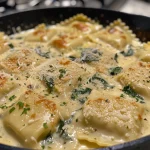 Close-up of creamy Tuscan ravioli with sun-dried tomatoes and spinach.