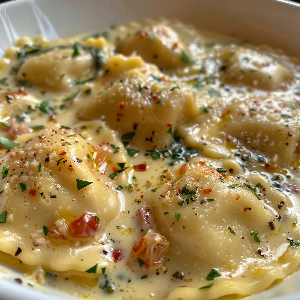 Side view of fresh cheese ravioli covered in creamy sauce and garnished with spinach.