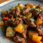 Close-up of a plate of juicy refogado de carne moída com legumes, showcasing vibrant vegetables and minced meat.