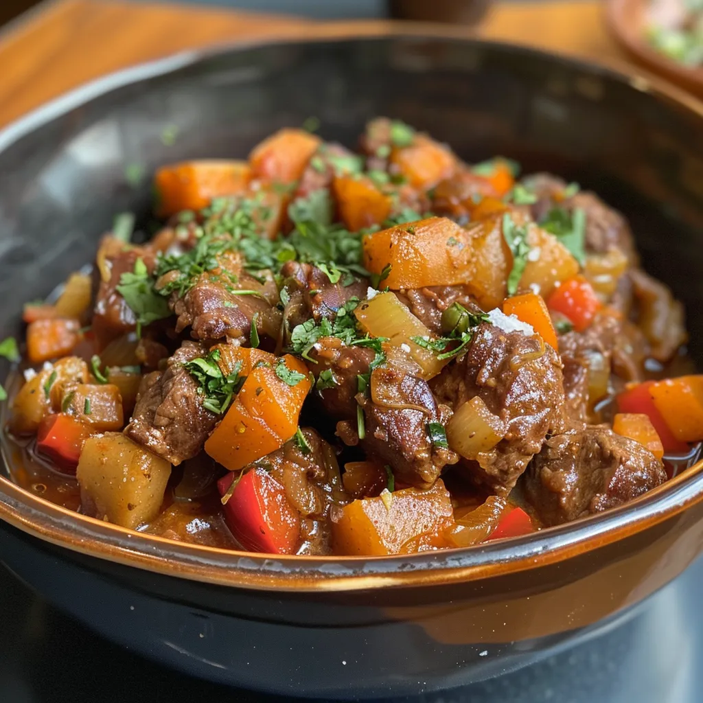 Side view of a colorful dish of refogado de carne moída com legumes, highlighting the fresh ingredients.