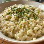 Close-up de um prato de risoto de creme de milho cremoso, apresentado de lado.