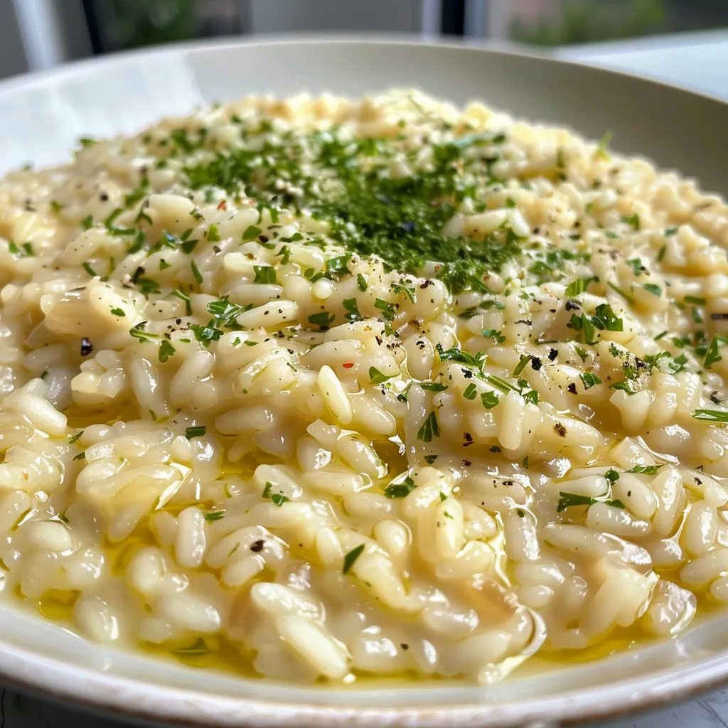 Risoto de creme de milho em um prato, mostrando a textura cremosa e ingredientes.