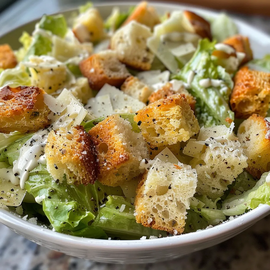Side view of a Caesar salad featuring romaine, croutons, and creamy dressing.