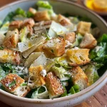 Close-up de uma salada Caesar com alface romana, croutons e queijo parmesão.