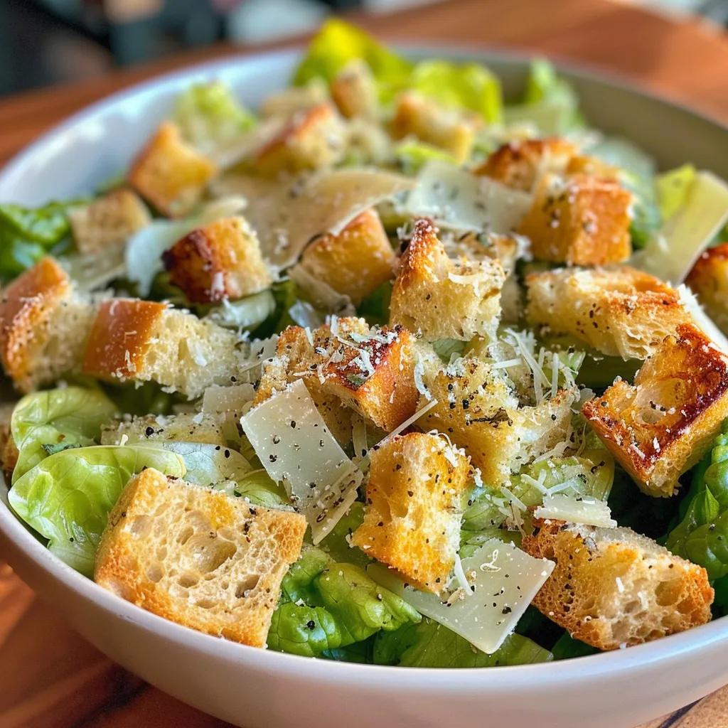 Vista lateral de uma salada Caesar com molho cremoso e ingredientes frescos.