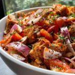 Salada com atum em close, mostrando a mistura de ingredientes frescos.