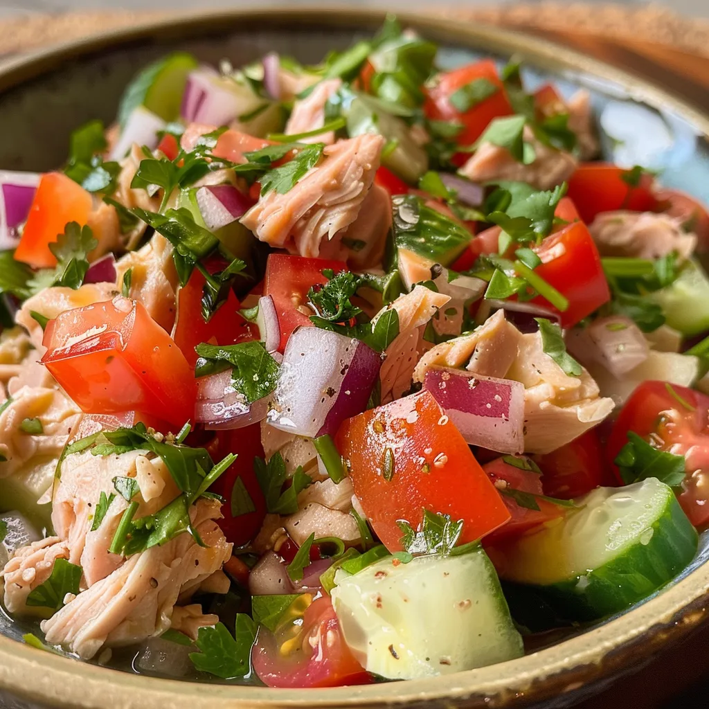 Visão lateral de uma salada de atum vibrante, com vegetais coloridos e molho.