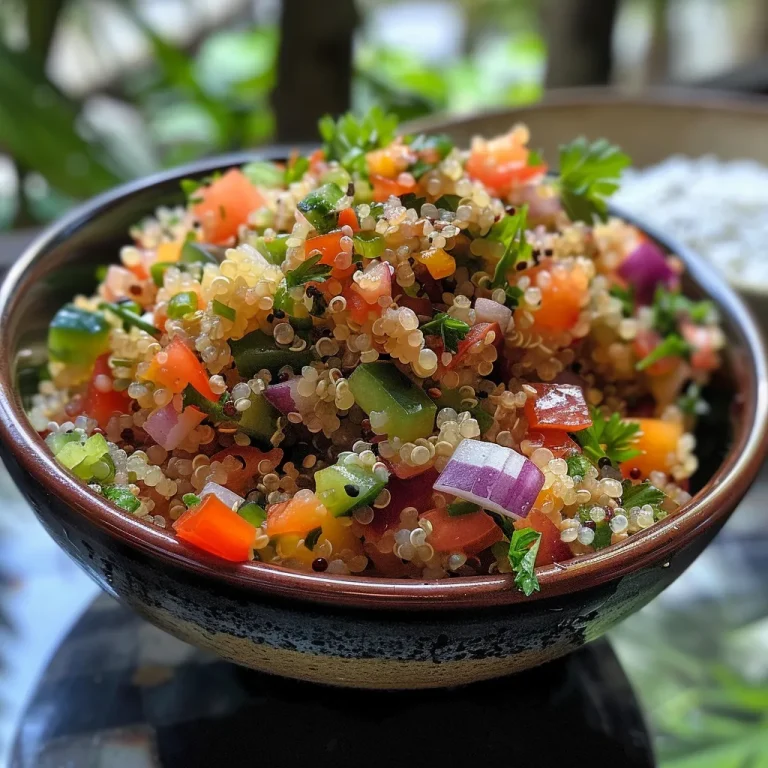 Salada de quinoa com tomates cereja e pepino em uma tigela.