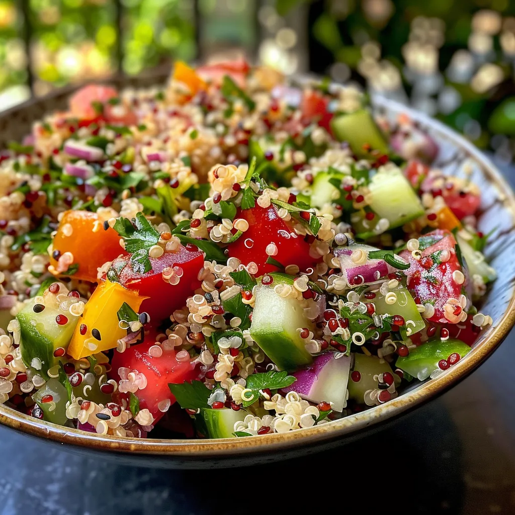 Close-up da salada de quinoa, destacando os vegetais frescos e coloridos.