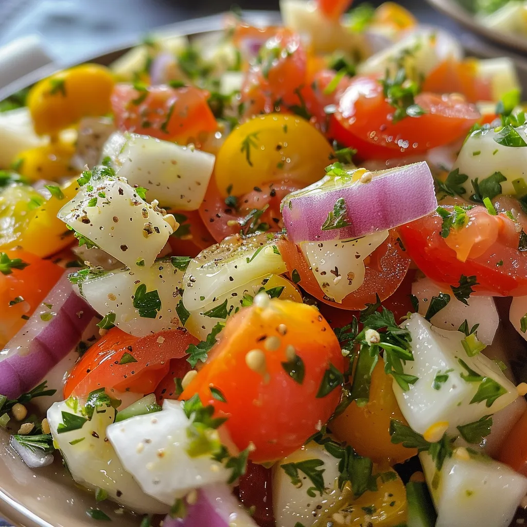 Side view of a colorful salad with crisp lettuce and ripe mango slices, drizzled with dressing.