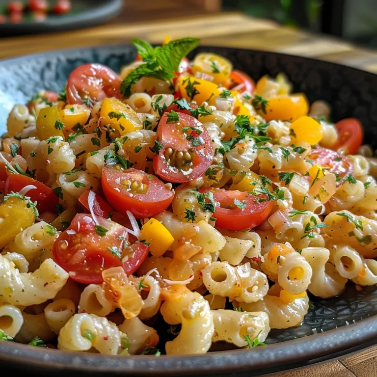 Salada de macarrão com atum, apresentada em um prato branco.