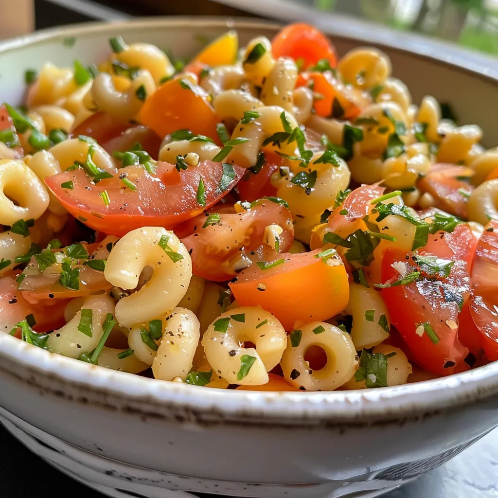 Close-up de salada de macarrão com atum, com ingredientes frescos visíveis.