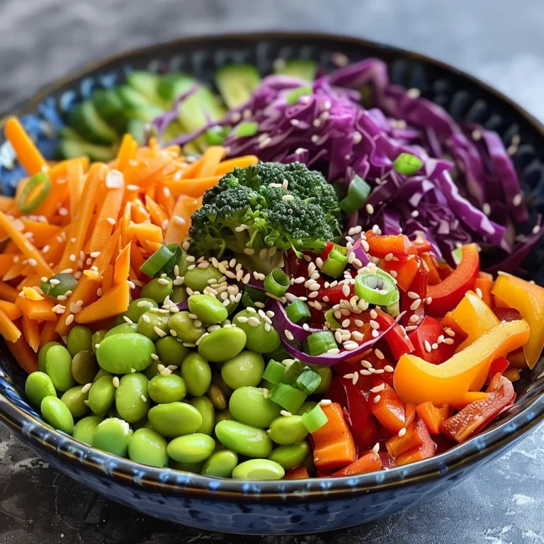 Salada detox colorida com brócolis, repolho roxo, cenouras, pimentões e edamame.