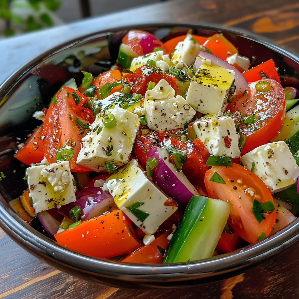 Close-up de uma salada colorida com grão de bico, queijo feta e vegetais frescos.
