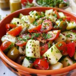 Salada mediterrânea de pepino colorida com ingredientes frescos em close.