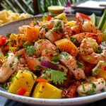 Salada tropical com camarões grelhados, abacaxi e molho de manga.