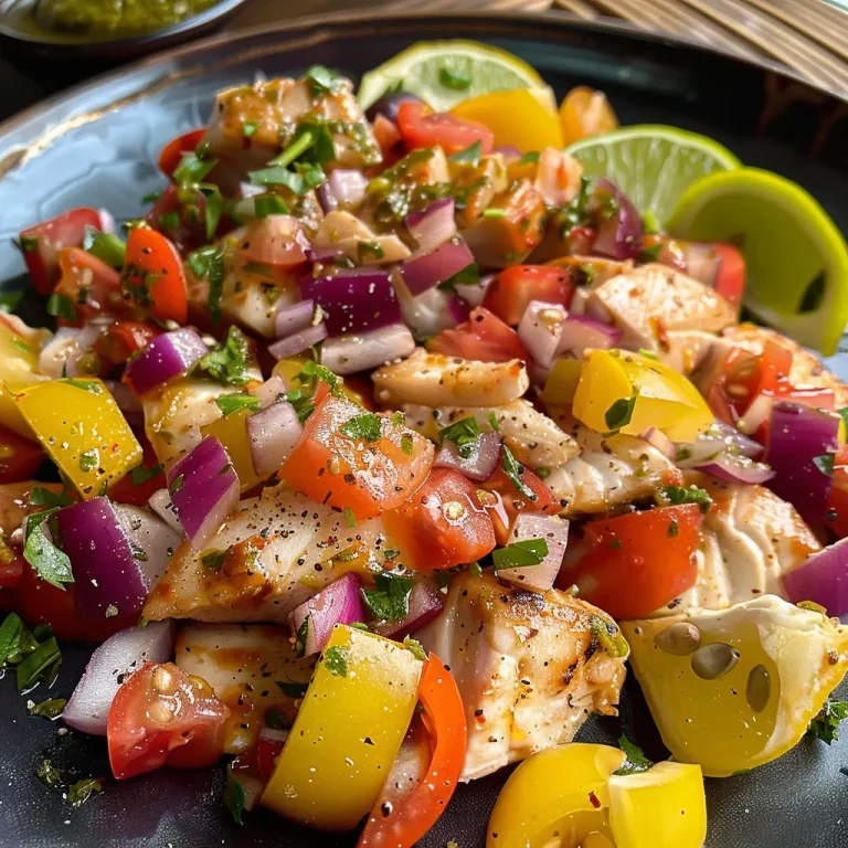 Close-up of a colorful tropical salad with grilled chicken and mango.
