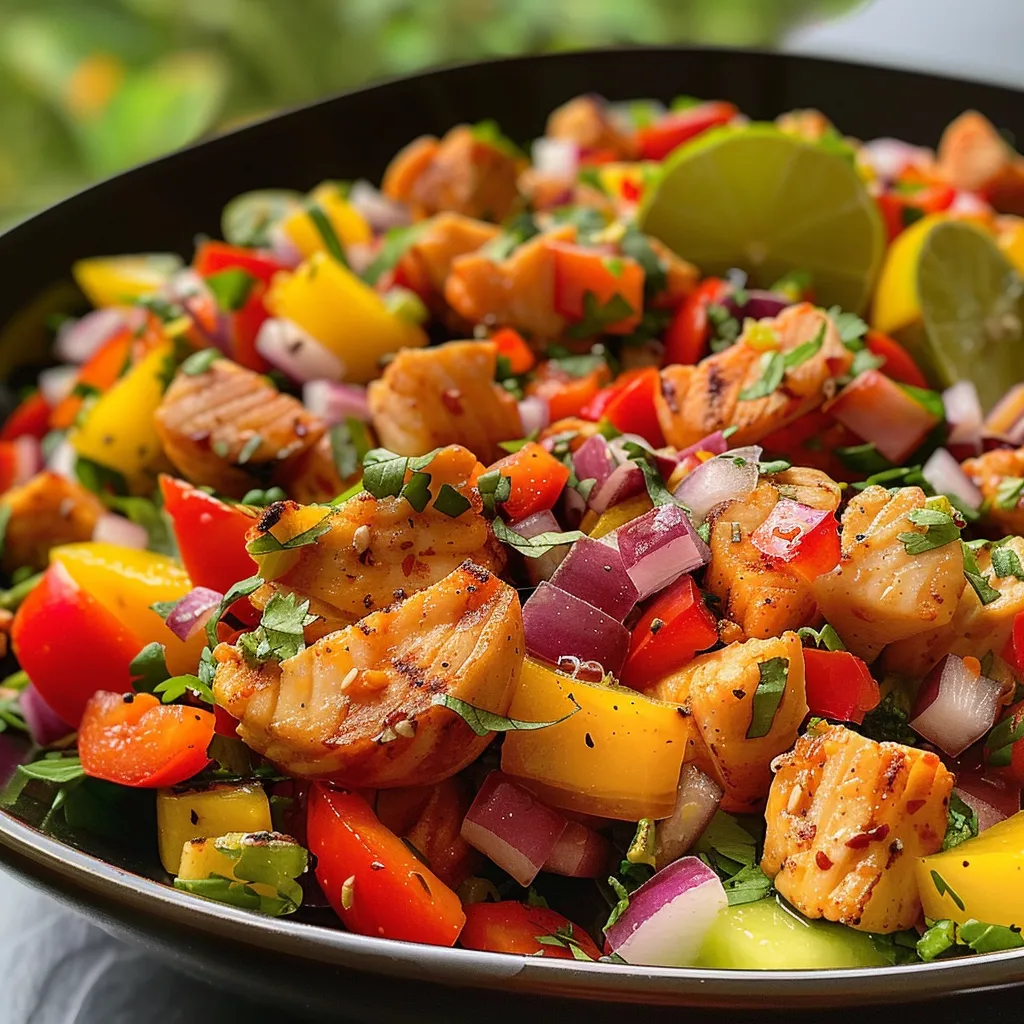 Side view of a fresh salad featuring grilled chicken, mango, lettuce, and cherry tomatoes.