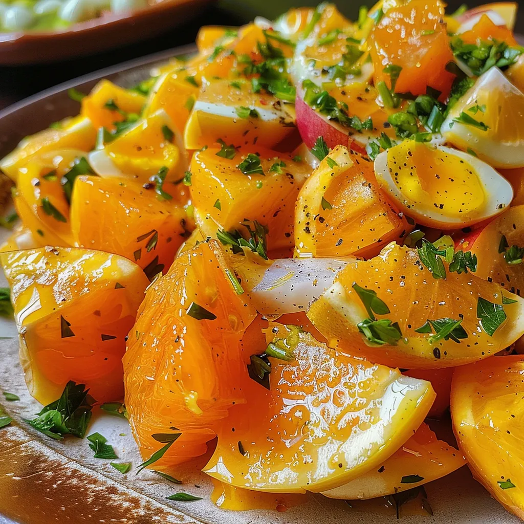 Close-up de salada tropical com ingredientes coloridos e molho brilhante.