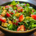Salada verde com morangos frescos em um prato, vista lateral.