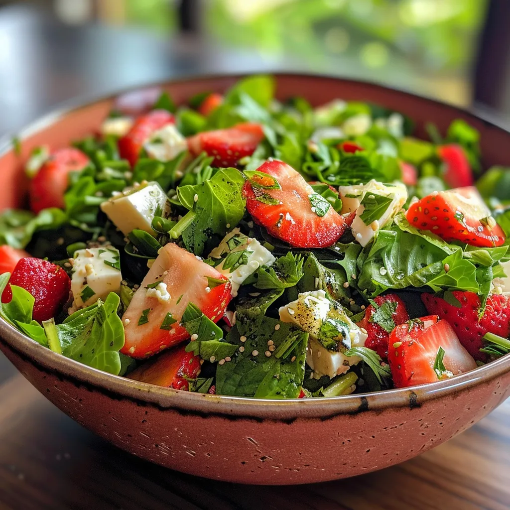 Close up de uma salada colorida com folhas verdes e morangos fatiados.