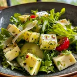 Close-up of a green salad with cheese, apple slices, and walnuts.