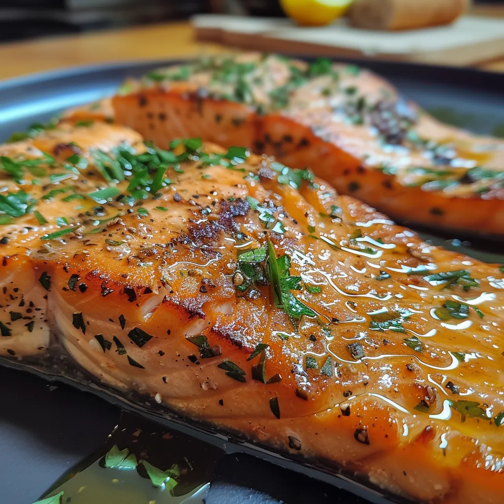 Close-up de filé de salmão ao forno com uma crosta crocante de ervas.