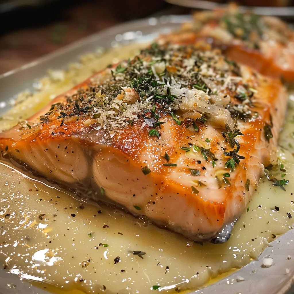 Close de um prato de salmão coberto com ervas e queijo parmesão.