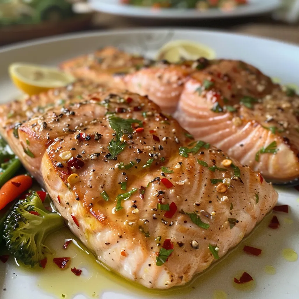 Close-up de filés de salmão grelhado com ervas e legumes frescos.