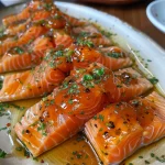 Um prato de salmão grelhado com molho de maracujá, servido com ramalhete de tomilho.