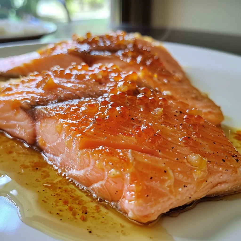 Salmão suculento coberto com molho de maracujá, apresentado em um fundo simples.