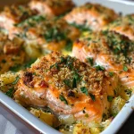Close-up de um prato de Salmone al Forno com limões e ervas frescas.