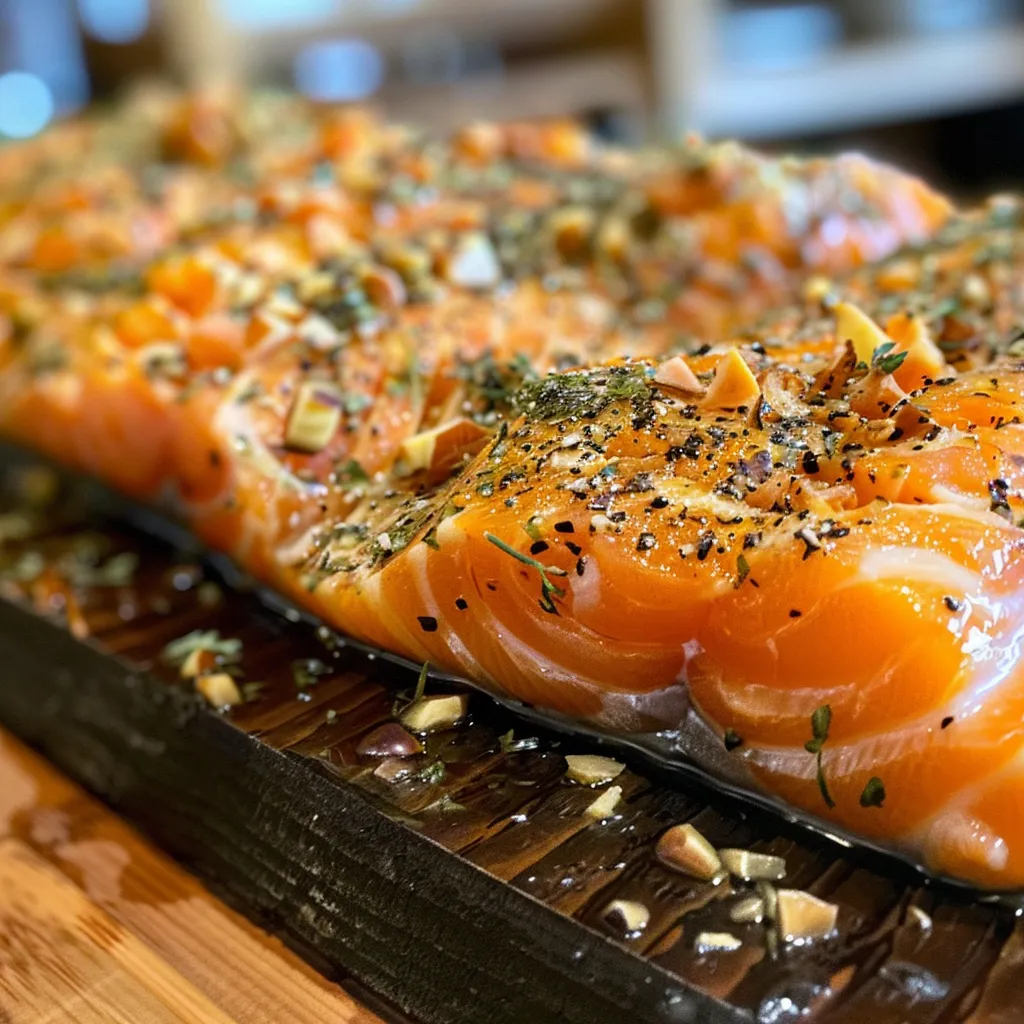 Filetes de salmão assado em um prato, decorados com limão e especiarias.