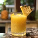 Close-up of a refreshing pineapple juice with ginger and mint in a glass, with ice cubes.
