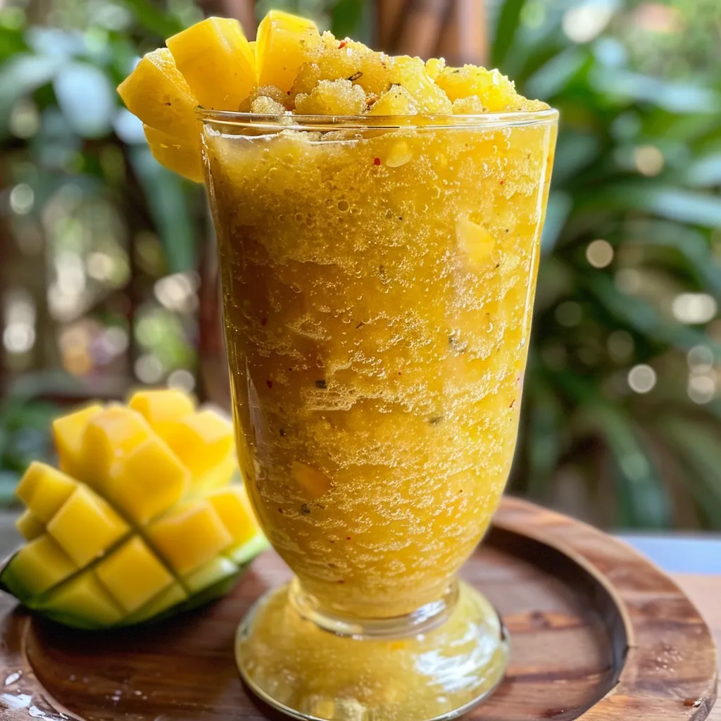 Side view of a vibrant drink made from pineapple, ginger, and mint, served in a clear glass.